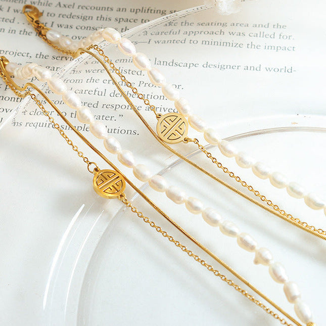 Mi Li natural freshwater pearl Fu brand bracelet light luxury personality three-layer stacked titanium steel niche color-preserving hand jewelry wholesale