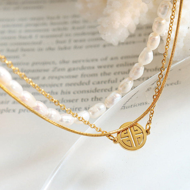 Mi Li natural freshwater pearl Fu brand bracelet light luxury personality three-layer stacked titanium steel niche color-preserving hand jewelry wholesale