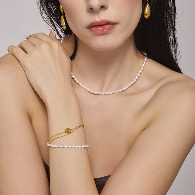 Mi Li natural freshwater pearl Fu brand bracelet light luxury personality three-layer stacked titanium steel niche color-preserving hand jewelry wholesale