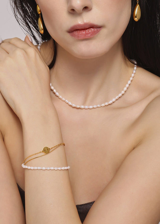 Mi Li natural freshwater pearl Fu brand bracelet light luxury personality three-layer stacked titanium steel niche color-preserving hand jewelry wholesale