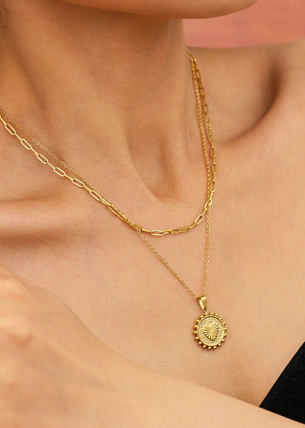 Mystery European and American style embossed peach heart sun lace double-layer necklace personality clavicle chain stainless steel color-retaining jewelry tide