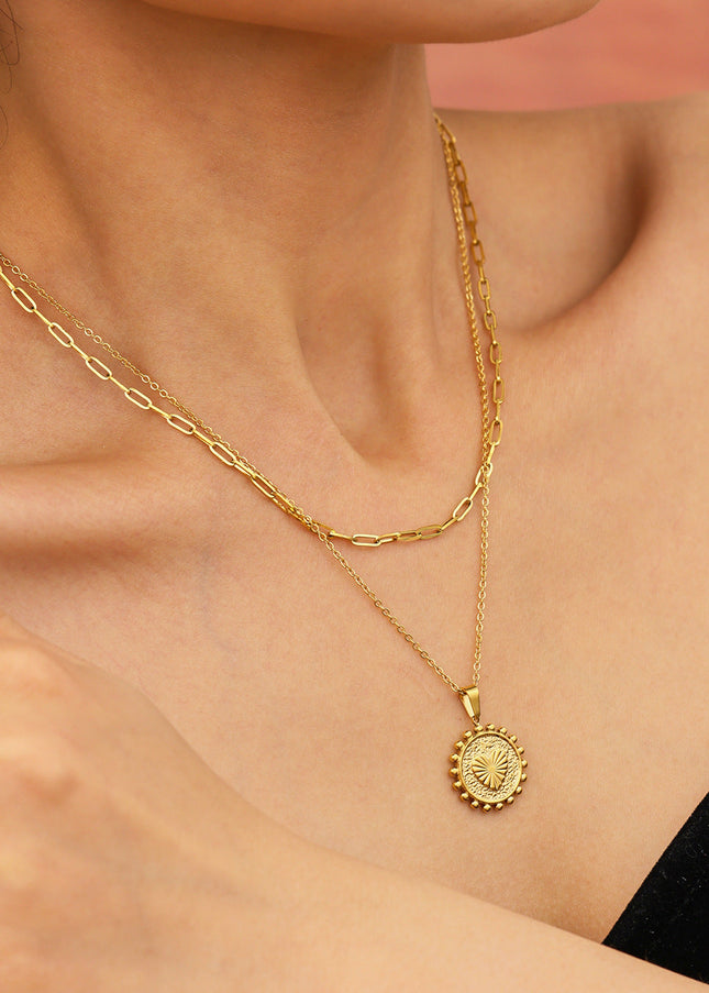 Mystery European and American style embossed peach heart sun lace double-layer necklace personality clavicle chain stainless steel color-retaining jewelry tide
