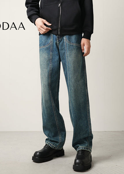 Teal Vintage Wash Loose Straight Leg Jeans - 28 / Mid Blue - Men’s Jeans