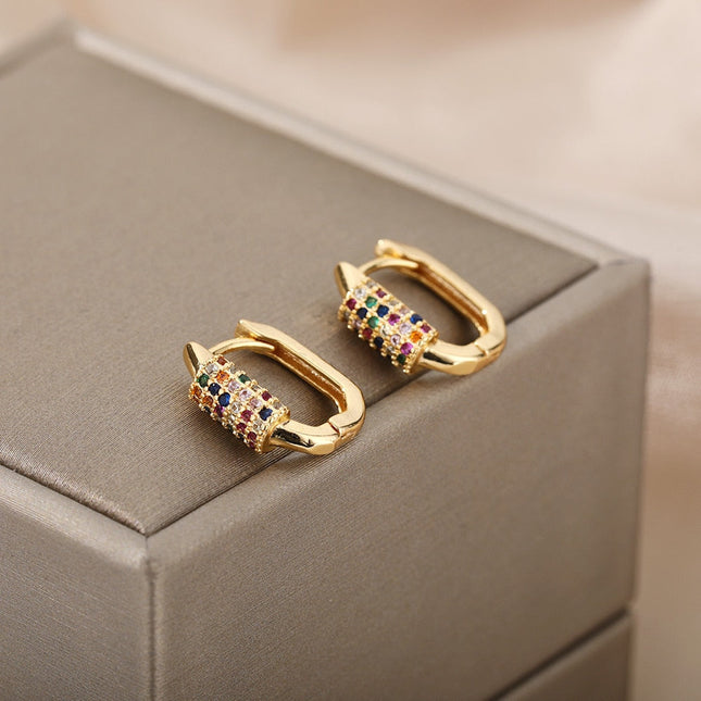 Tensan Earrings | Gold Zirconia Colorful Stone Hoop Earrings - Gold - Earrings