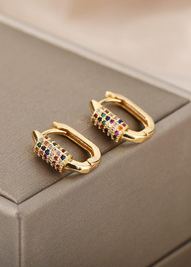 Tensan Earrings | Gold Zirconia Colorful Stone Hoop Earrings - Gold - Earrings