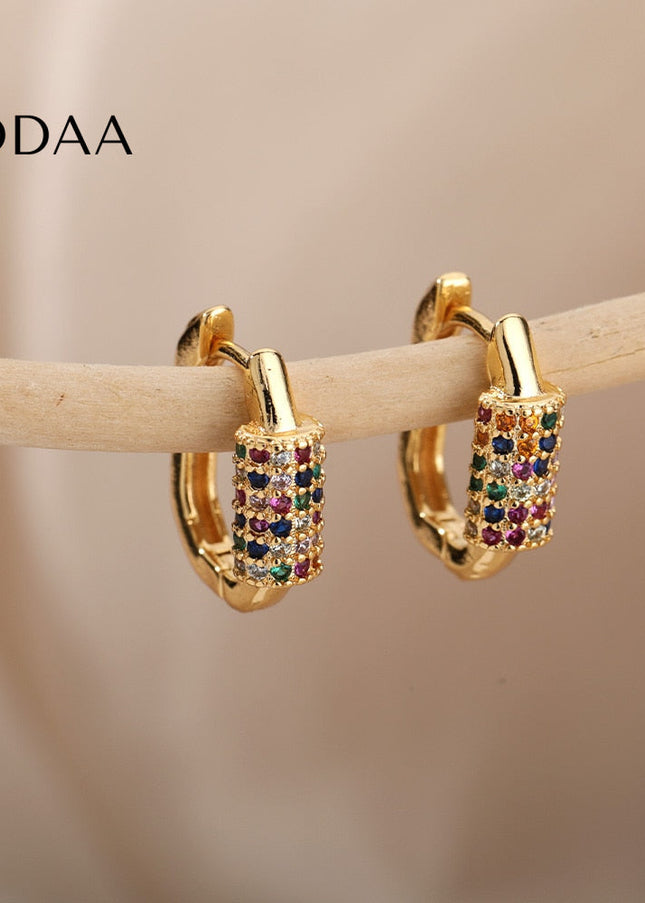Tensan Earrings | Gold Zirconia Colorful Stone Hoop Earrings - Earrings