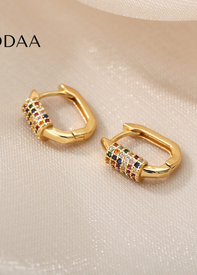 Tensan Earrings | Gold Zirconia Colorful Stone Hoop Earrings - Earrings