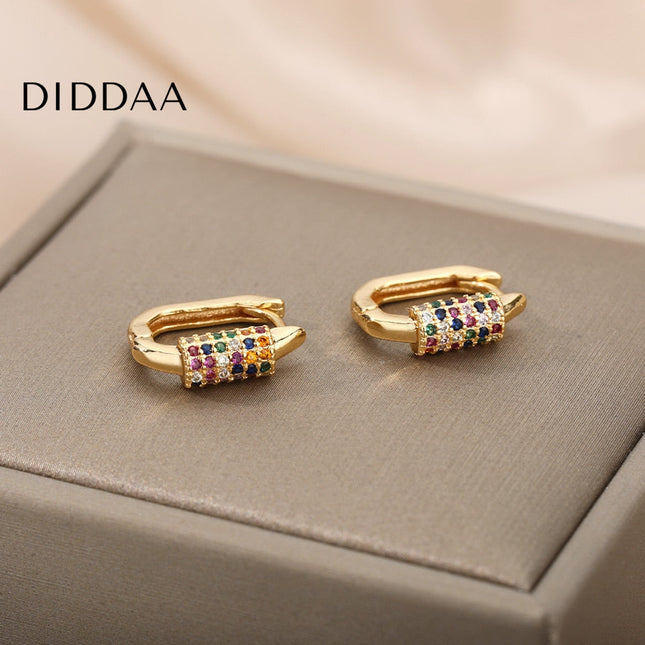 Tensan Earrings | Gold Zirconia Colorful Stone Hoop Earrings - Earrings