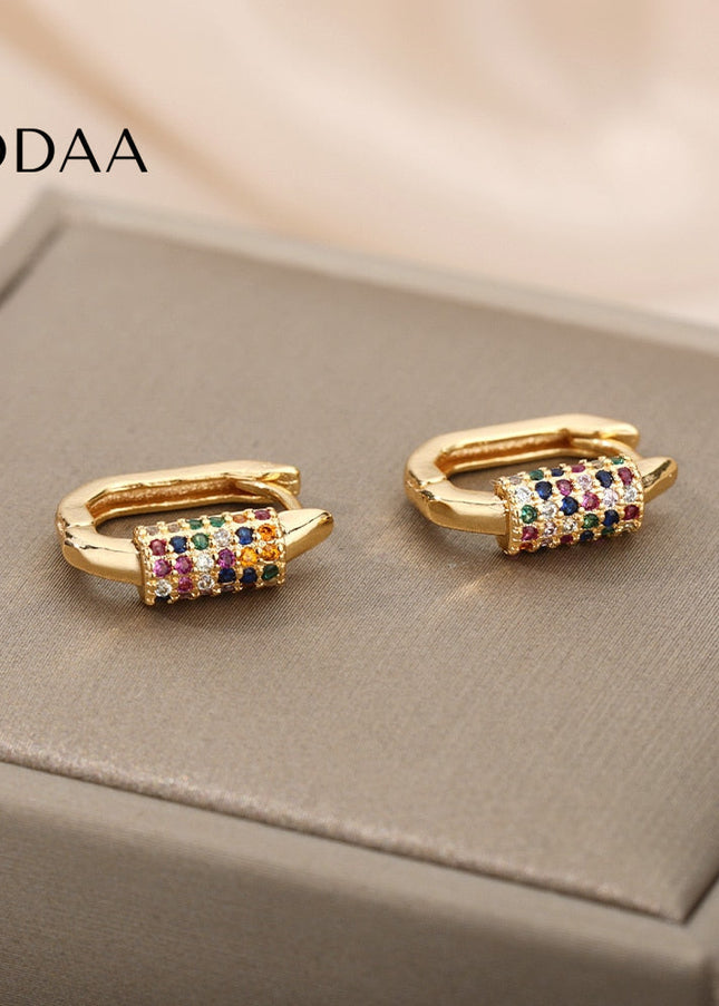 Tensan Earrings | Gold Zirconia Colorful Stone Hoop Earrings - Earrings