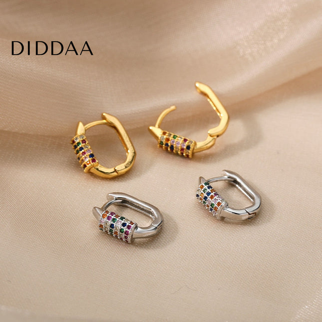 Tensan Earrings | Gold Zirconia Colorful Stone Hoop Earrings - Silver - Earrings