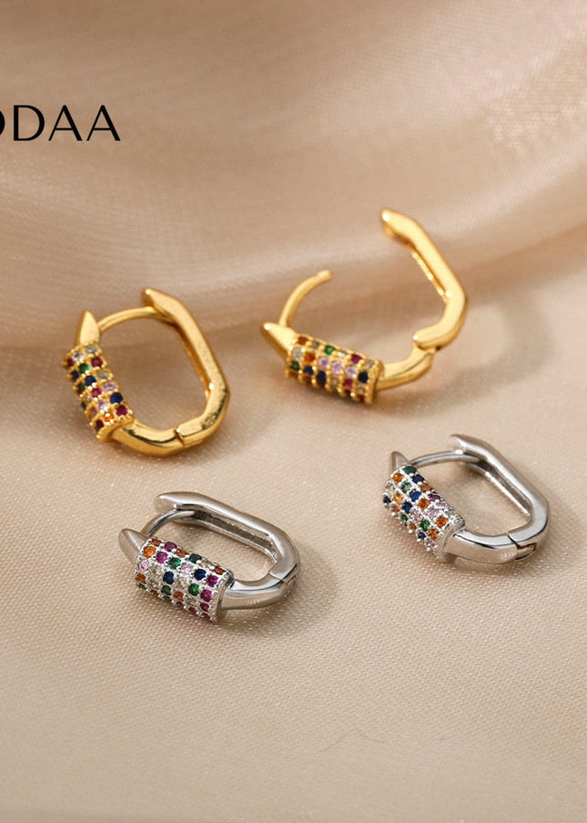 Tensan Earrings | Gold Zirconia Colorful Stone Hoop Earrings - Silver - Earrings