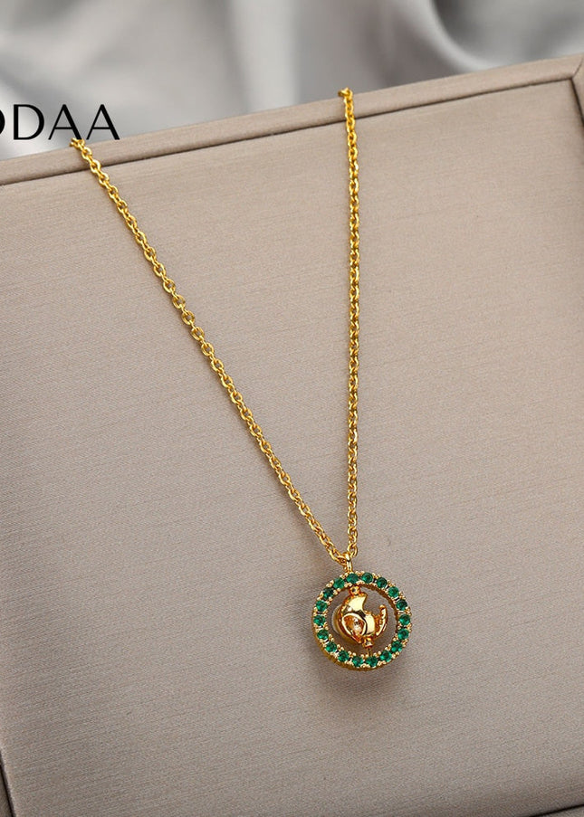 Teramo Pendant Necklace | Gold Ball Green Stone Chain - Gold - Necklaces