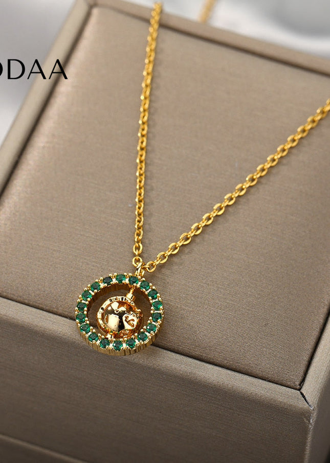 Teramo Pendant Necklace | Gold Ball Green Stone Chain - Gold - Necklaces