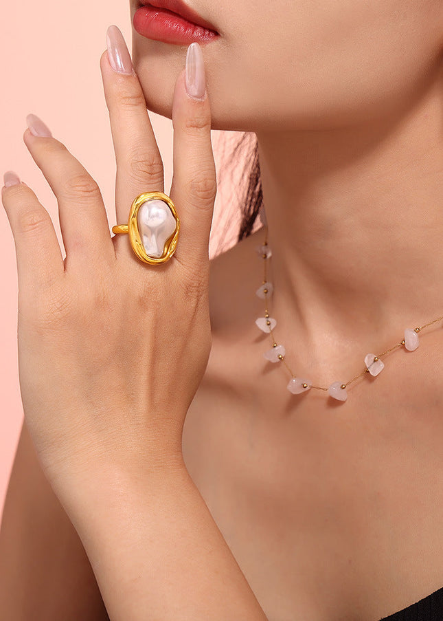 New ins style fashion ring special-shaped imitation pearl light luxury ring rings titanium steel non-fading hand jewelry