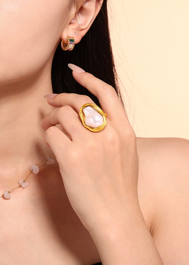 New ins style fashion ring special-shaped imitation pearl light luxury ring rings titanium steel non-fading hand jewelry