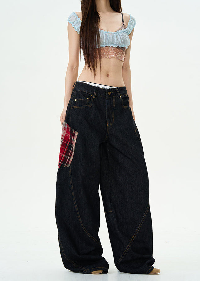 Tide Loose Fit Plaid Patch Men’s Jeans - Women’s Jeans