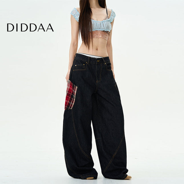 Tide Loose Fit Plaid Patch Men’s Jeans - XS / Red - Women’s Jeans