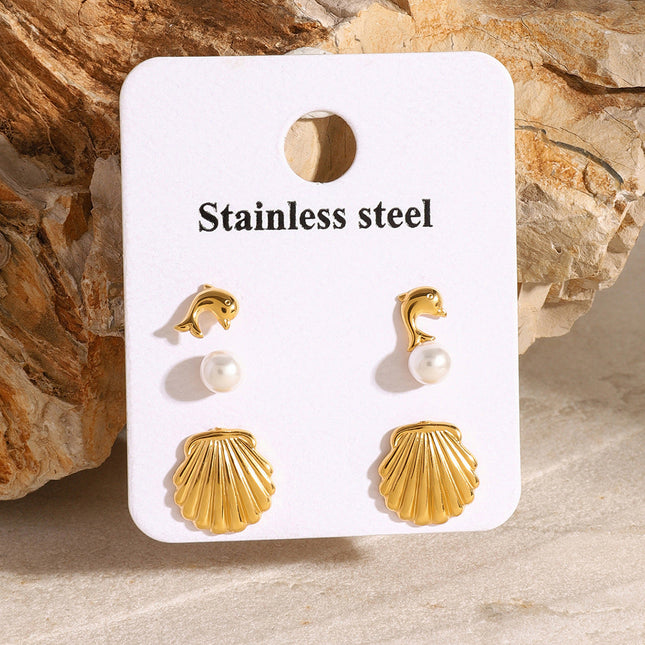 Jieding European and American stainless steel pearl stud earrings high-end dolphin shell earrings, titanium steel jewelry, cross-border earring