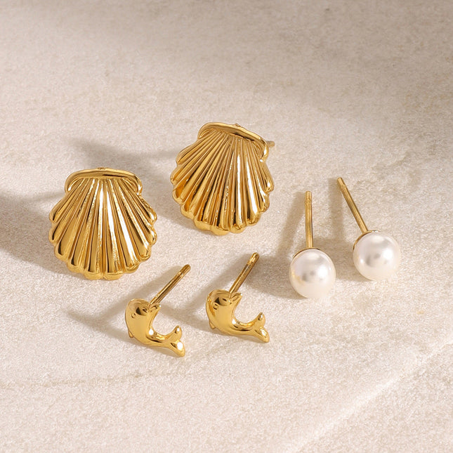 Jieding European and American stainless steel pearl stud earrings high-end dolphin shell earrings, titanium steel jewelry, cross-border earring