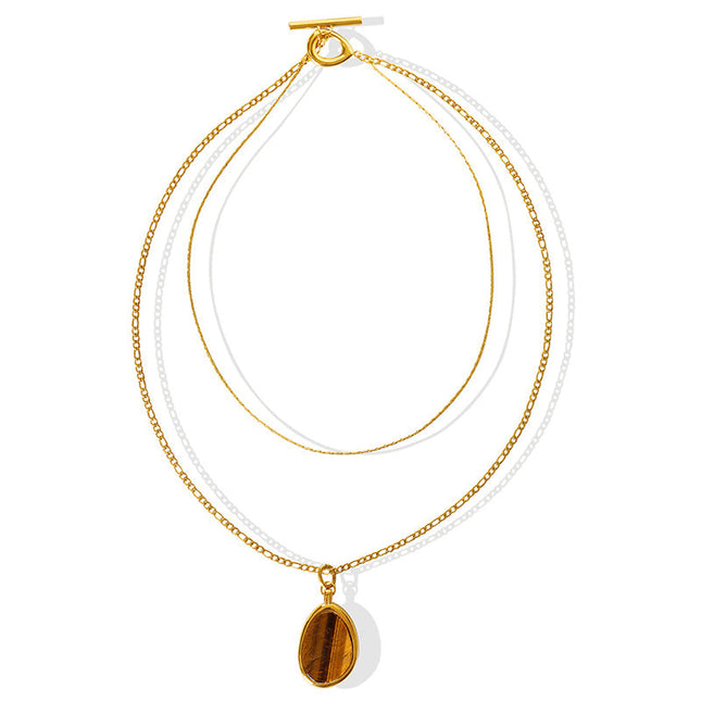 Natural Tiger's Eye Double Necklace Temperament Cold Wind European and American Personality Exaggerated Titanium Steel Gold Plated Sweater Chain Accessories Women