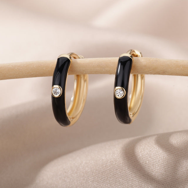 SOUVOIR Black 14K Gold Plated, Zirconia Earrings Tobago Earrings | Gold White Zirconia Hoop Earrings