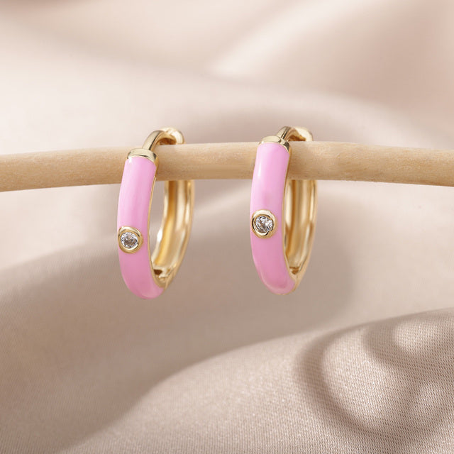 SOUVOIR Pink 14K Gold Plated, Zirconia Earrings Tobago Earrings | Gold White Zirconia Hoop Earrings