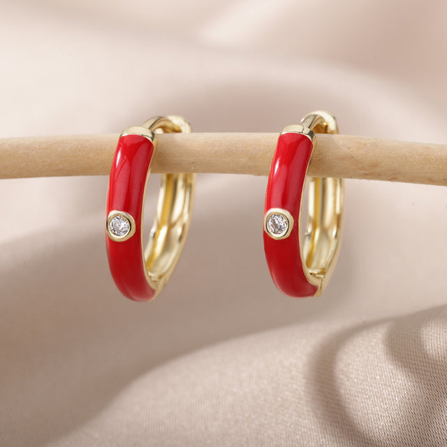 SOUVOIR Red 14K Gold Plated, Zirconia Earrings Tobago Earrings | Gold White Zirconia Hoop Earrings