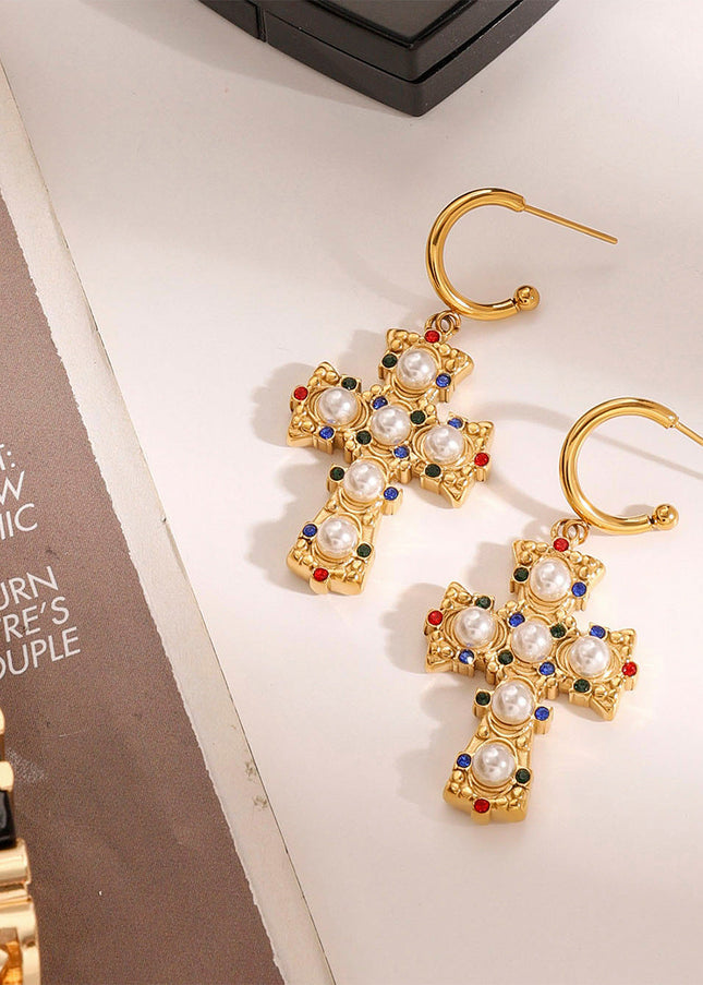 Jieding European and American stainless steel color diamond cross earrings high-end sense personality light luxury stud titanium steel earrings cross-border