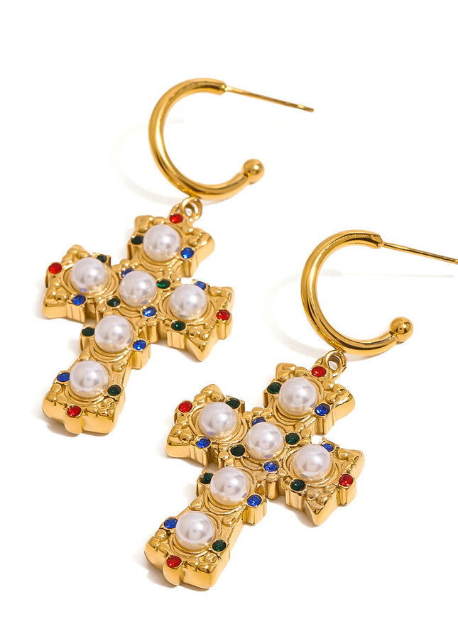 Jieding European and American stainless steel color diamond cross earrings high-end sense personality light luxury stud titanium steel earrings cross-border