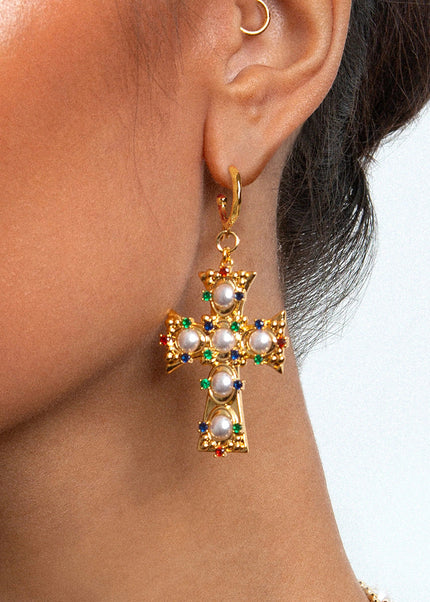 Jieding European and American stainless steel color diamond cross earrings high-end sense personality light luxury stud titanium steel earrings cross-border