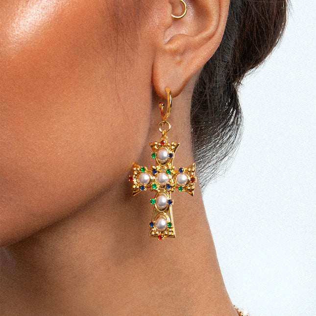 Jieding European and American stainless steel color diamond cross earrings high-end sense personality light luxury stud titanium steel earrings cross-border