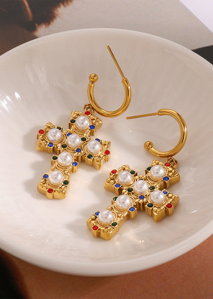 Jieding European and American stainless steel color diamond cross earrings high-end sense personality light luxury stud titanium steel earrings cross-border