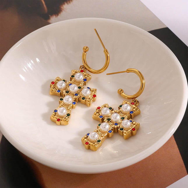 Jieding European and American stainless steel color diamond cross earrings high-end sense personality light luxury stud titanium steel earrings cross-border