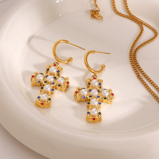 Jieding European and American stainless steel color diamond cross earrings high-end sense personality light luxury stud titanium steel earrings cross-border