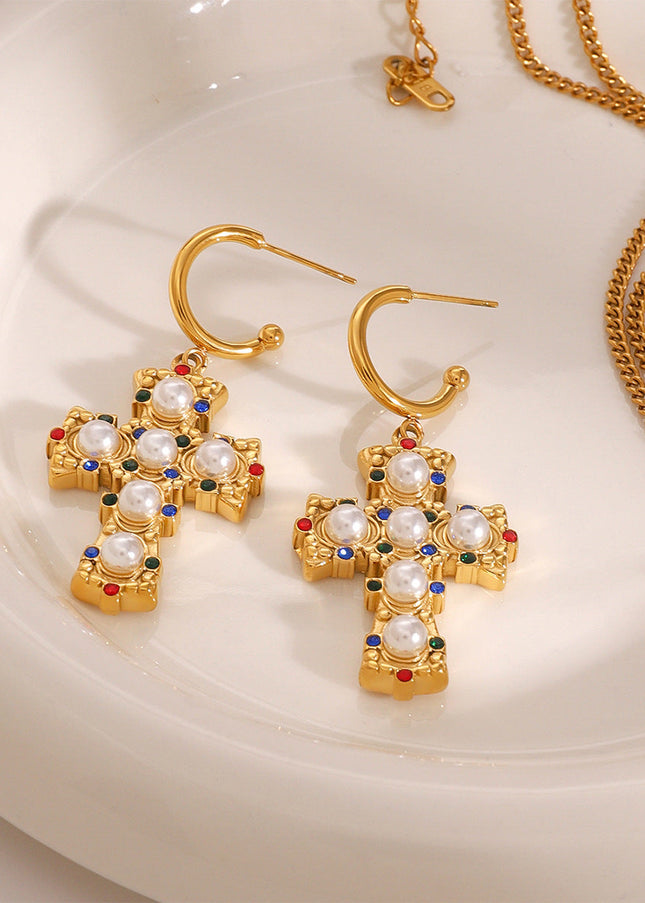 Jieding European and American stainless steel color diamond cross earrings high-end sense personality light luxury stud titanium steel earrings cross-border