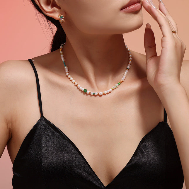 Natural freshwater pearl OT buckle delicate beaded necklace light luxury titanium steel clavicle chain versatile necklace girlfriend gifts