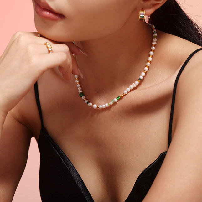 Natural freshwater pearl OT buckle delicate beaded necklace light luxury titanium steel clavicle chain versatile necklace girlfriend gifts