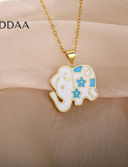 Tribunal Pendant Necklace | Gold Black Blue Elephant Animal Chain - White - Necklaces