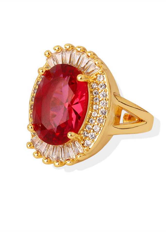 European and American new high-end palace style light luxury retro copper inlaid oval zircon fashion ring jewelry women