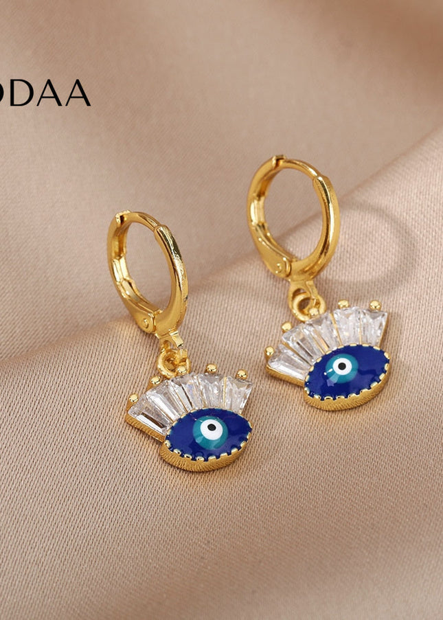 Tristesse Earrings | Gold Zirconia Evil Eye Drop Earrings - Gold - Earrings