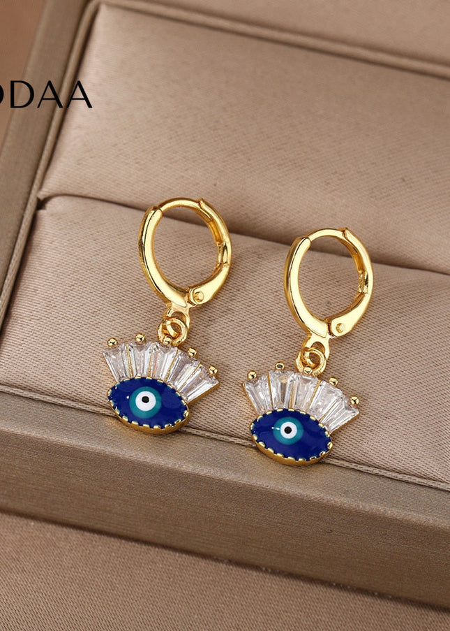 Tristesse Earrings | Gold Zirconia Evil Eye Drop Earrings - Gold - Earrings