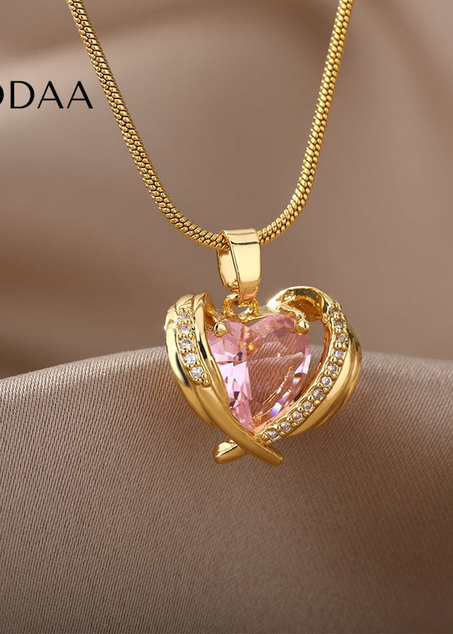 Troublan Pendant Necklace | Gold Pink Zirconia Stone Chain - Gold - Necklaces