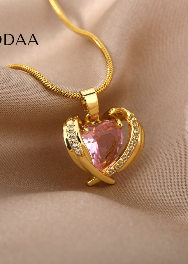 Troublan Pendant Necklace | Gold Pink Zirconia Stone Chain - Gold - Necklaces