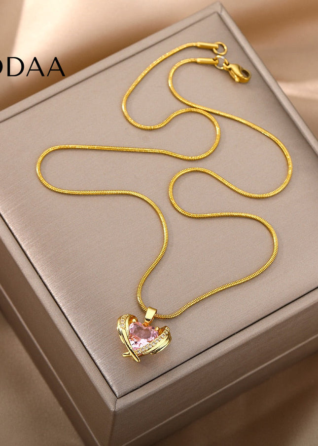 Troublan Pendant Necklace | Gold Pink Zirconia Stone Chain - Gold - Necklaces
