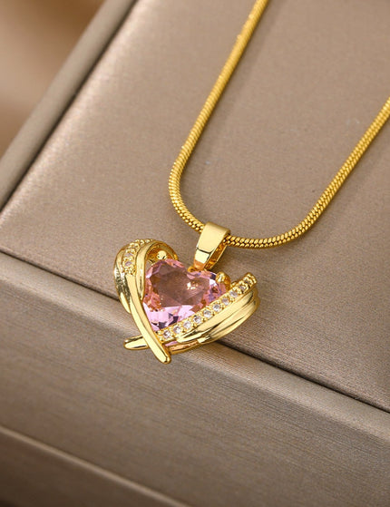 Troublan Pendant Necklace | Gold Pink Zirconia Stone Chain - Gold - Necklaces