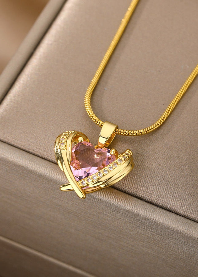 Troublan Pendant Necklace | Gold Pink Zirconia Stone Chain - Gold - Necklaces