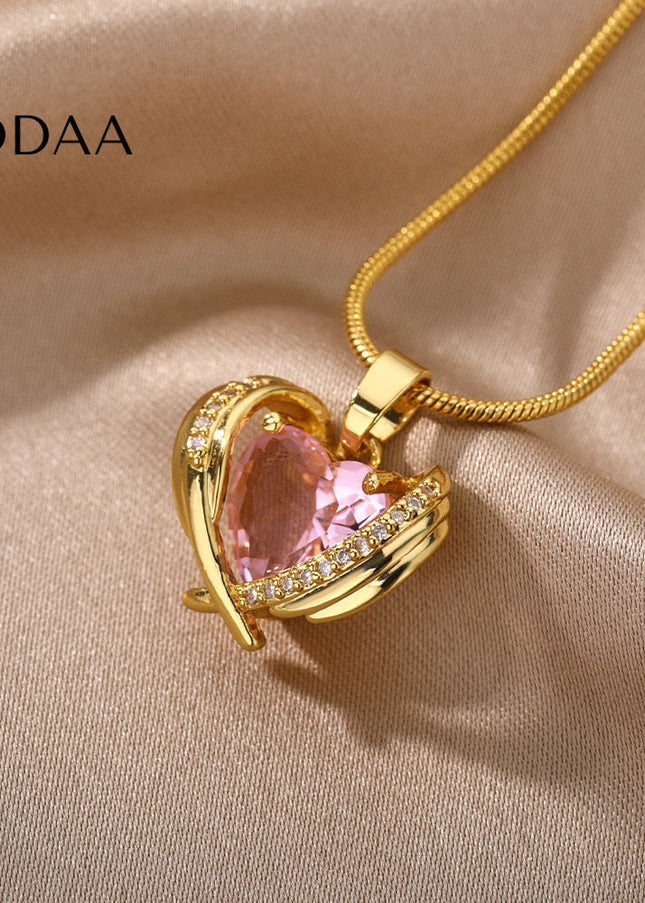 Troublan Pendant Necklace | Gold Pink Zirconia Stone Chain - Gold - Necklaces