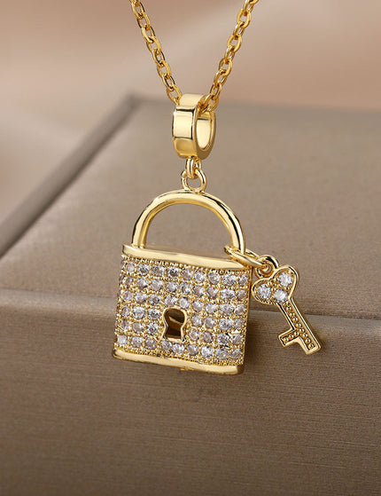 SOUVOIR Gold 14K Gold Plated, Zirconia Necklaces Tuvalu Pendant Necklace | Gold Zirconia Lock & Key Chain