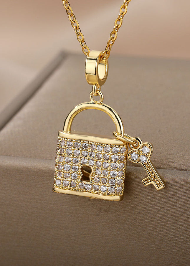 SOUVOIR Gold 14K Gold Plated, Zirconia Necklaces Tuvalu Pendant Necklace | Gold Zirconia Lock & Key Chain