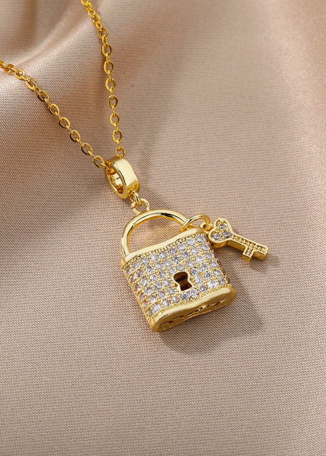 SOUVOIR 14K Gold Plated, Zirconia Necklaces Tuvalu Pendant Necklace | Gold Zirconia Lock & Key Chain